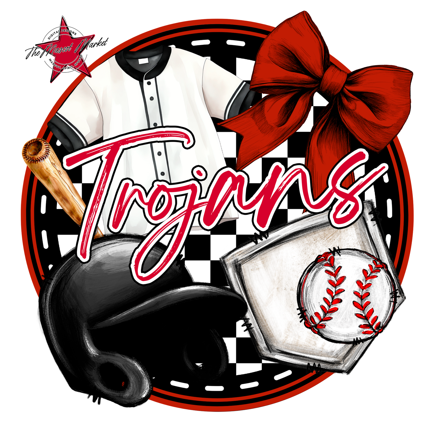 Trojans Circle Baseball Design-Red
