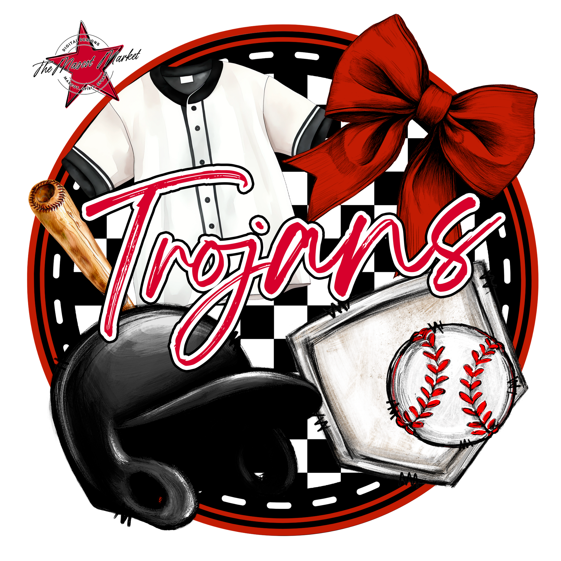 Trojans Circle Baseball Design-Red