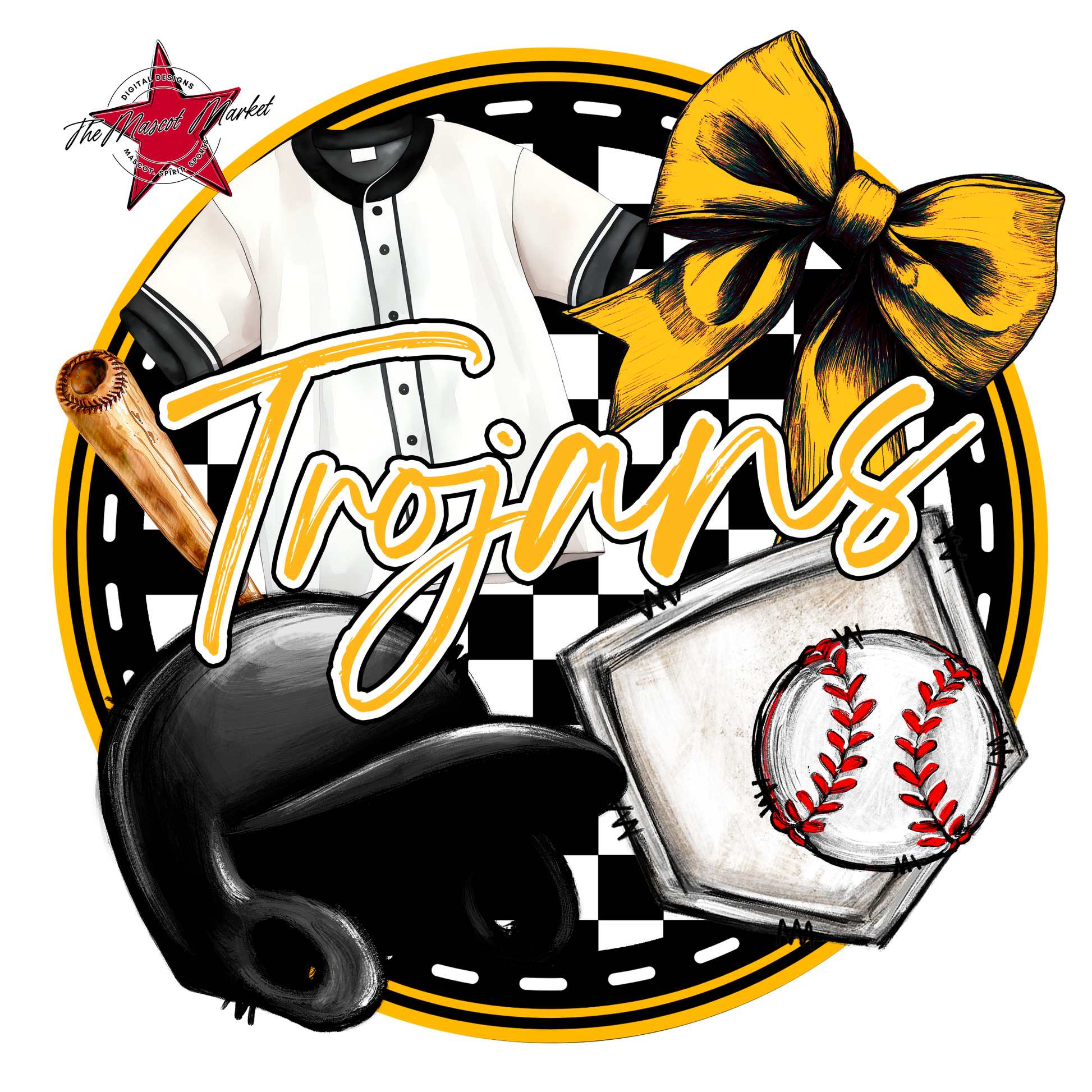Trojans Circle Baseball Design-Yellow