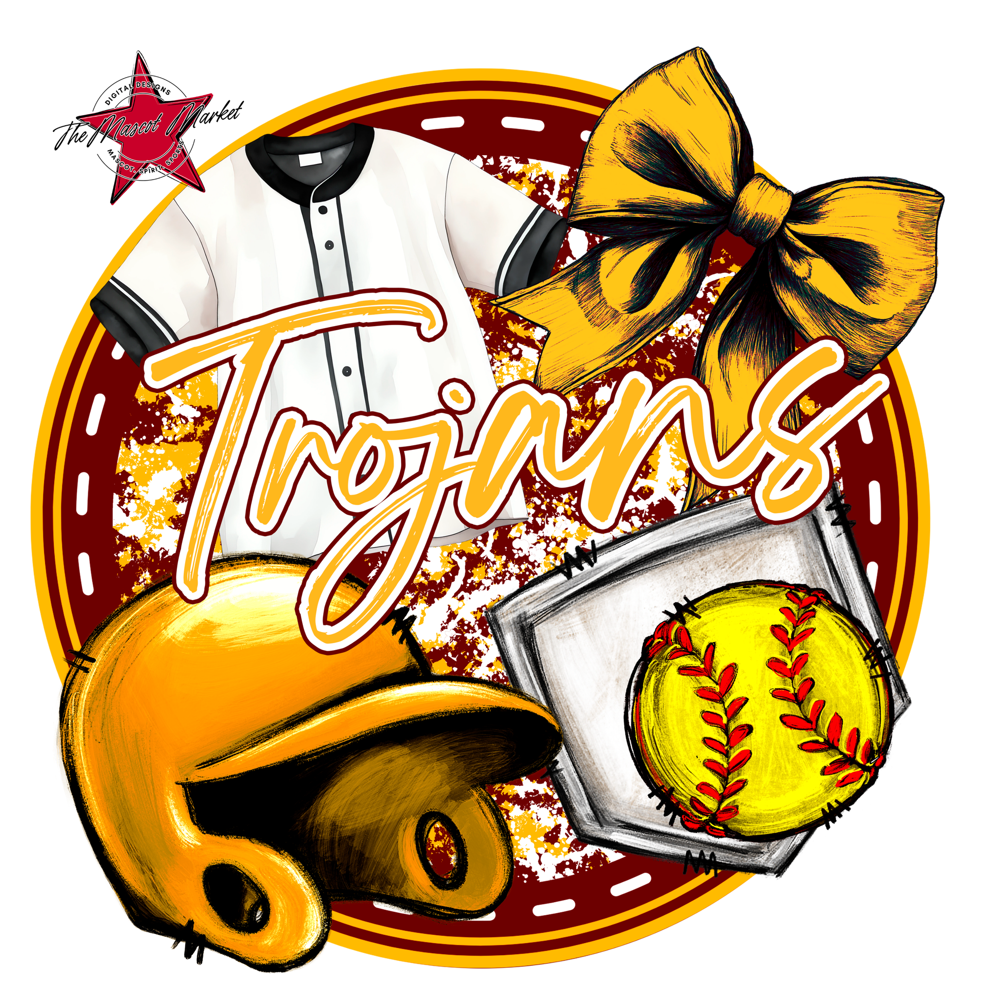 Trojans Circle Softball Design-Maroon-Yellow