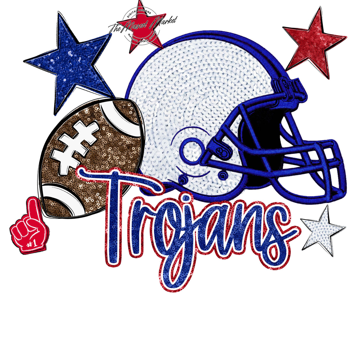 Trojans Football Embroidered Sequins Design-Blue & Red