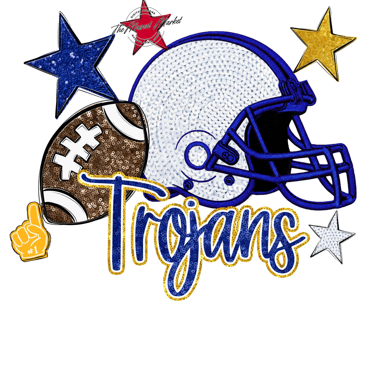 Trojans Football Embroidered Sequins Design-Blue & Yellow