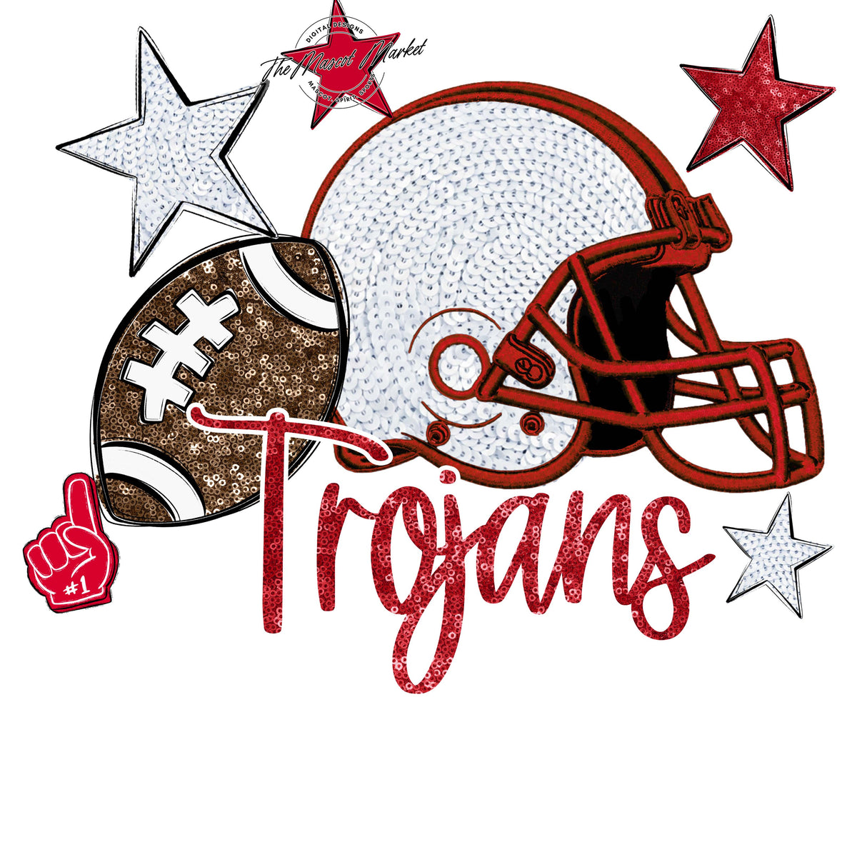 Trojans Football Embroidered Sequins Design-Red