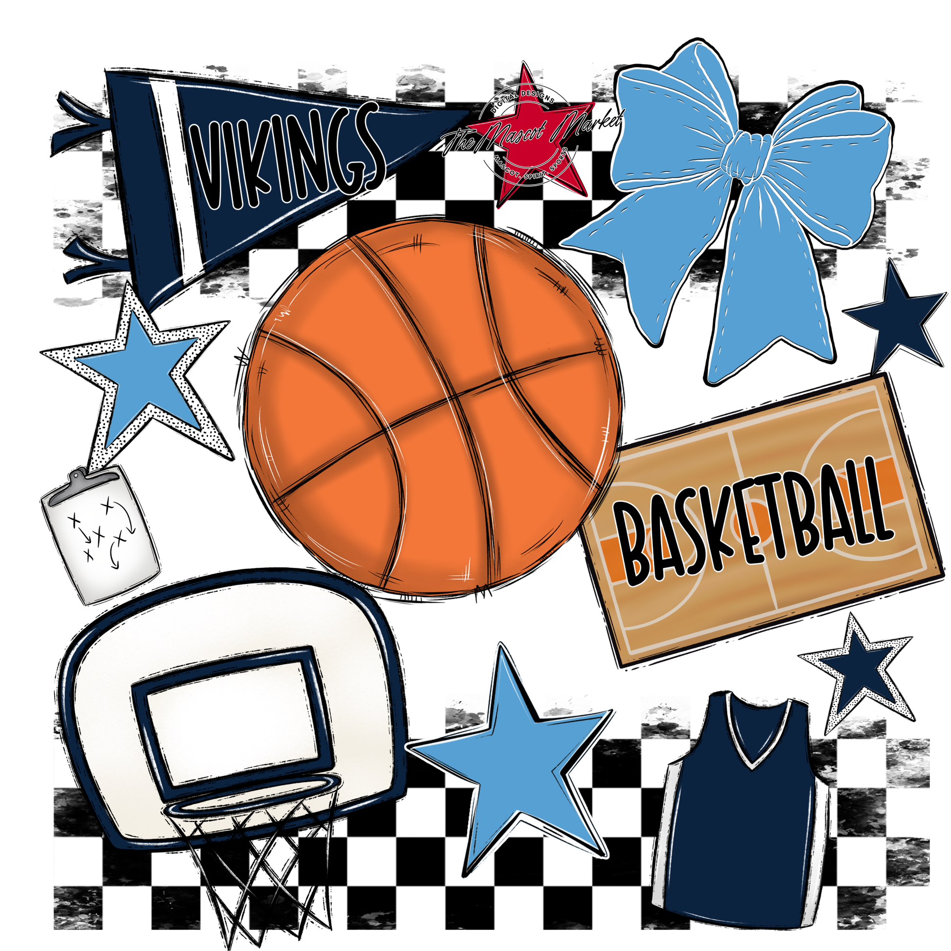 Vikings Checkers Basketball Spirit Design-Navy-Carolina Blue