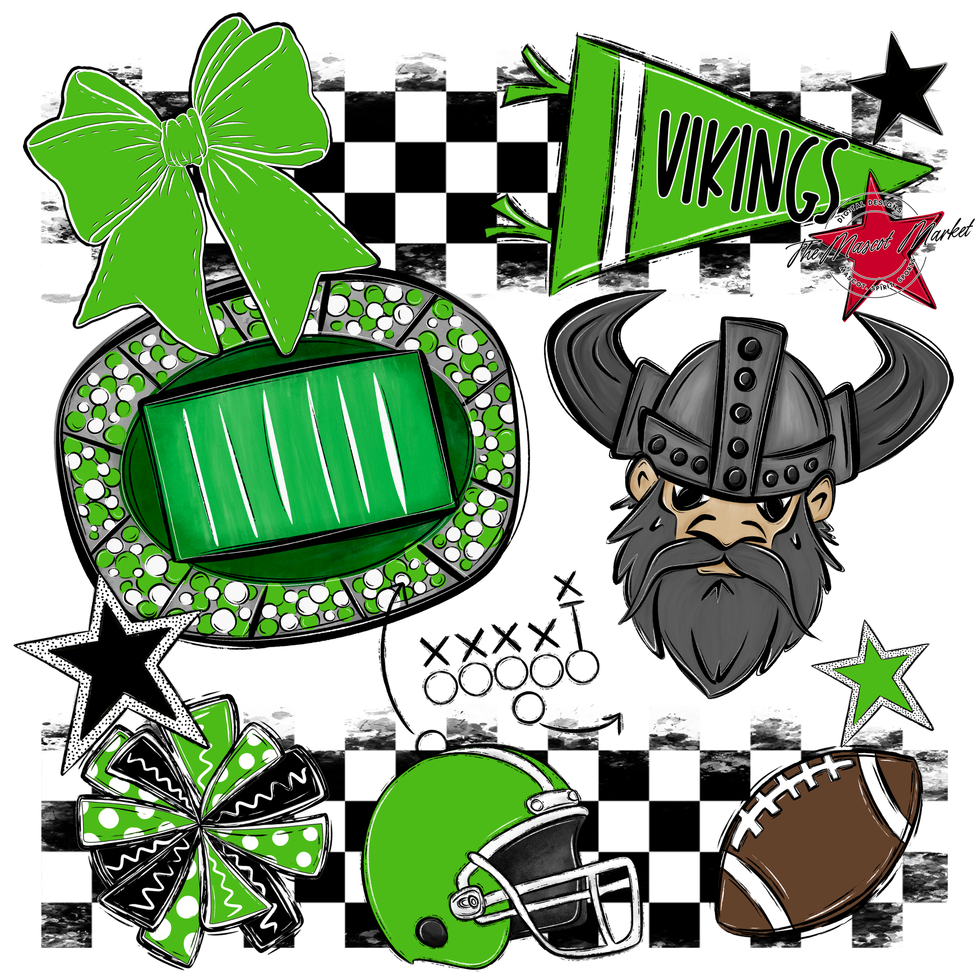 Vikings Checkers Mascot Spirit Design-Bright Green