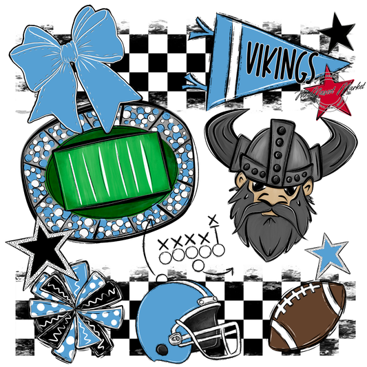 Vikings Checkers Mascot Spirit Design-Carolina Blue