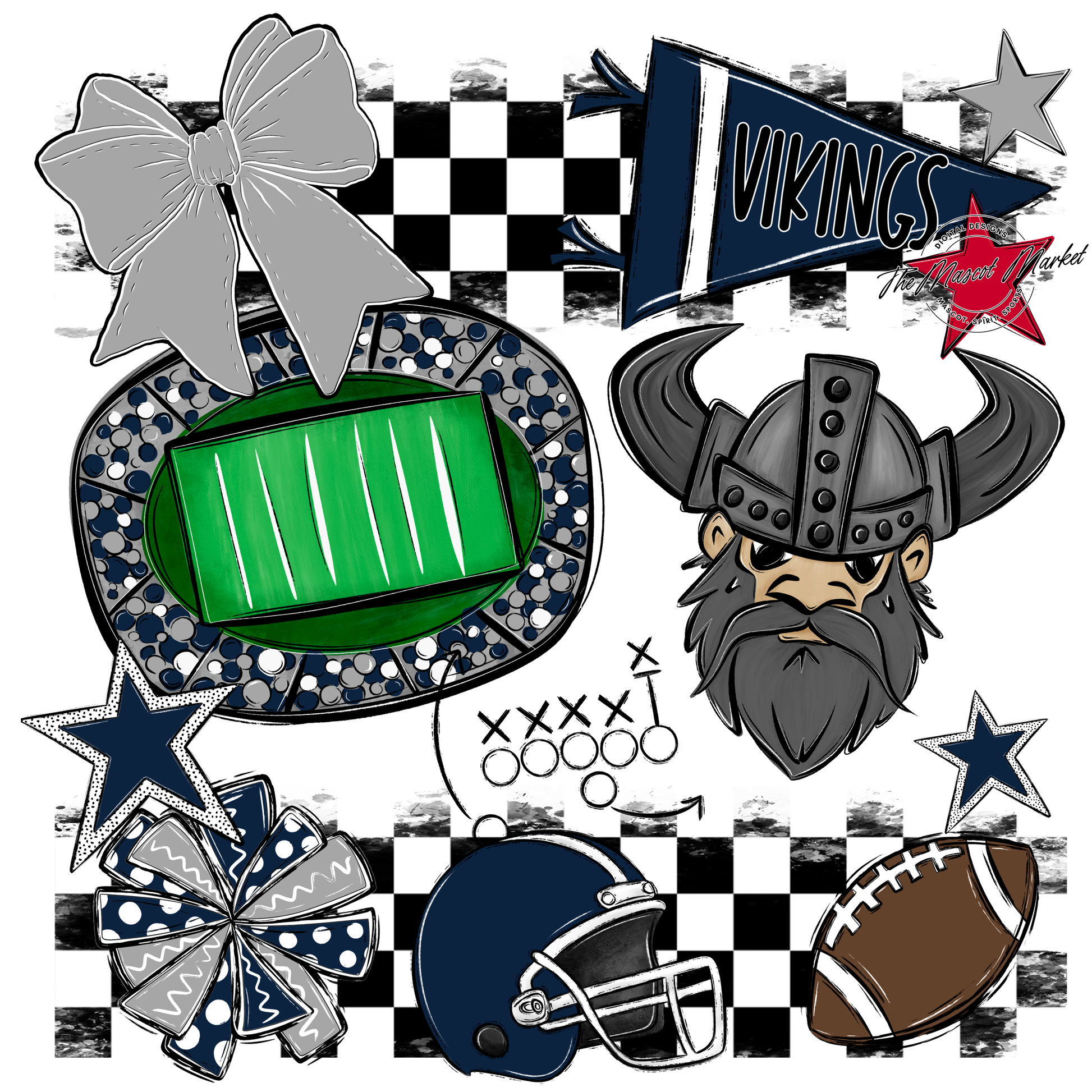 Vikings Checkers Mascot Spirit Design-Navy-Grey