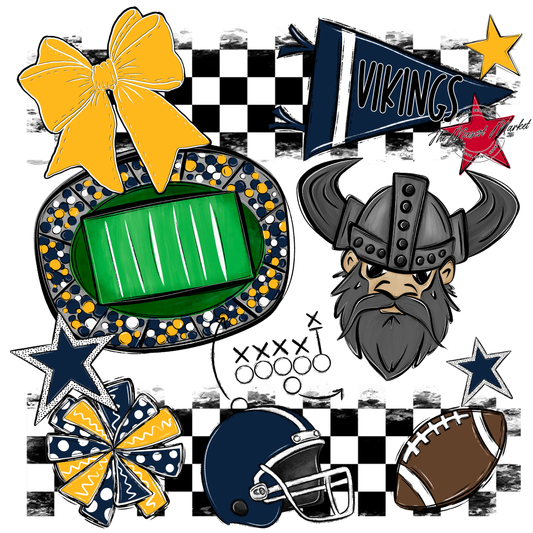 Vikings Checkers Mascot Spirit Design-Navy-Yellow