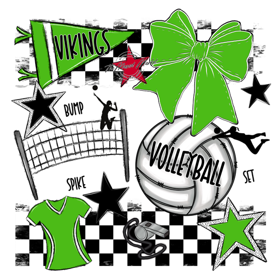Vikings Checkers Volleyball Spirit Design-Bright Green