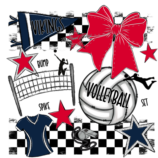 Vikings Checkers Volleyball Spirit Design-Navy-Red