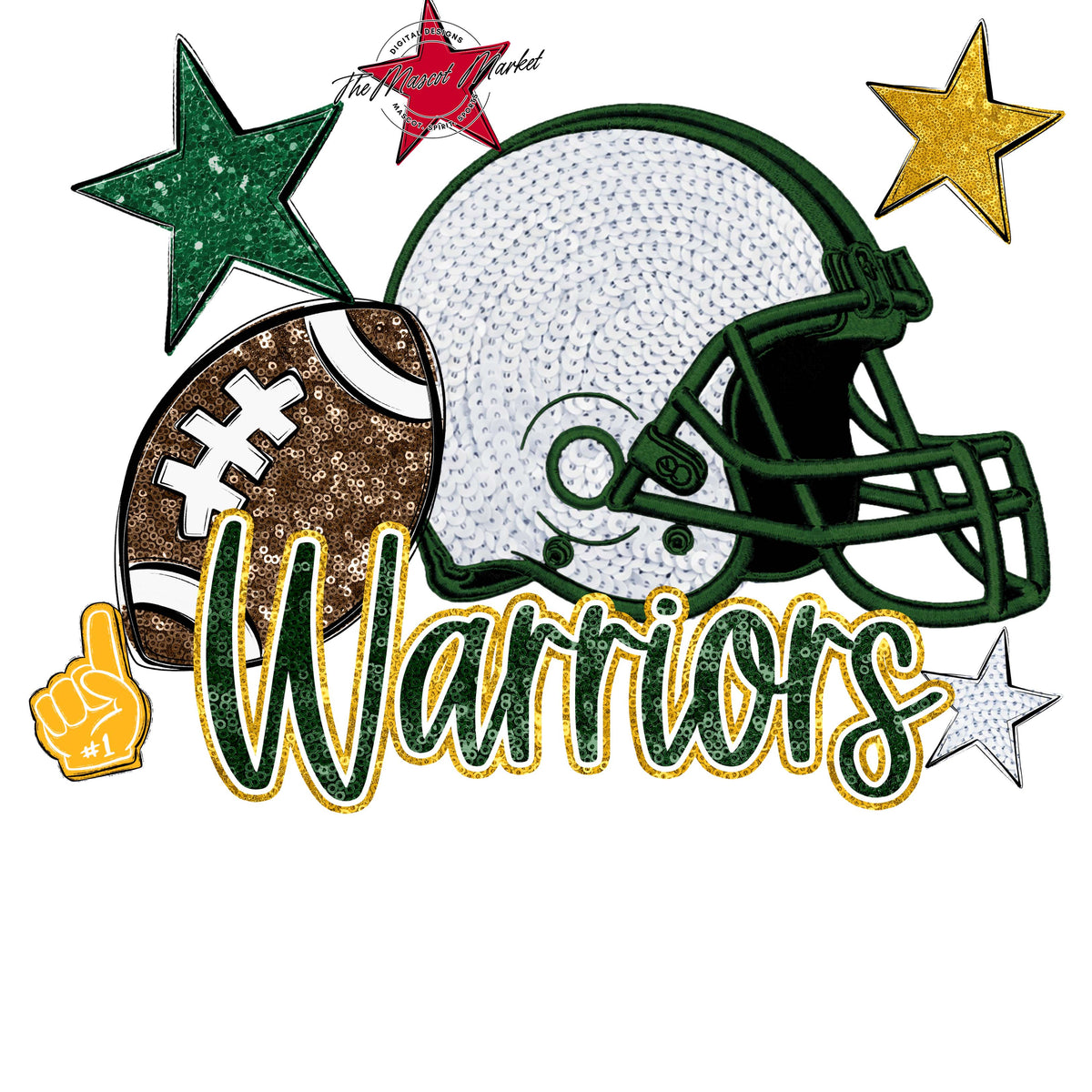 Warriors Football Embroidered Sequins Design-Green & Yellow