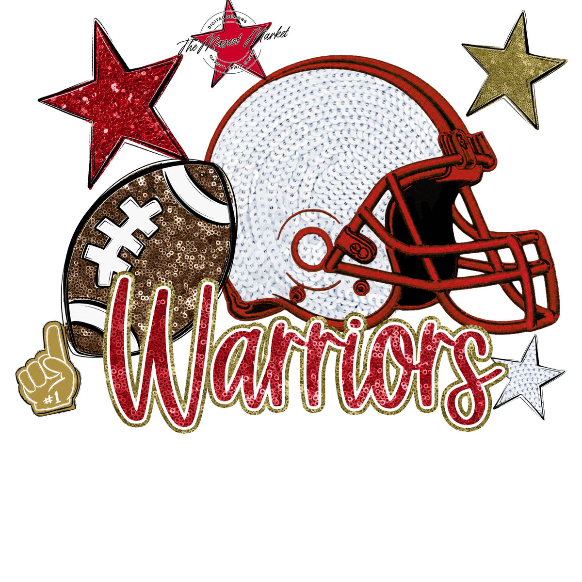 Warriors Football Embroidered Sequins Design-Red & Gold