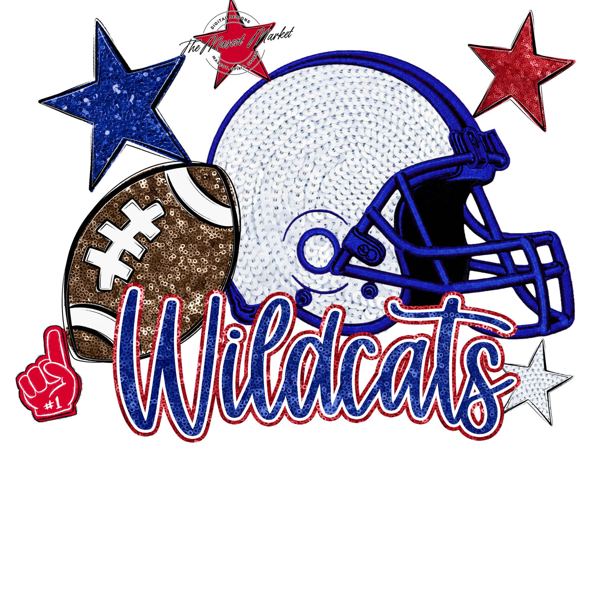 Wildcats Football Embroidered Sequins Design-Blue & Red