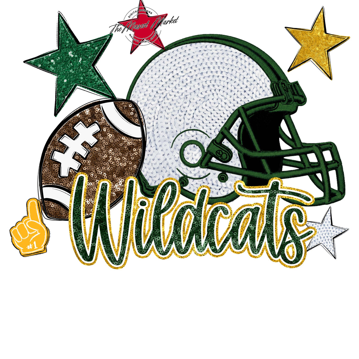 Wildcats Football Embroidered Sequins Design-Green & Yellow