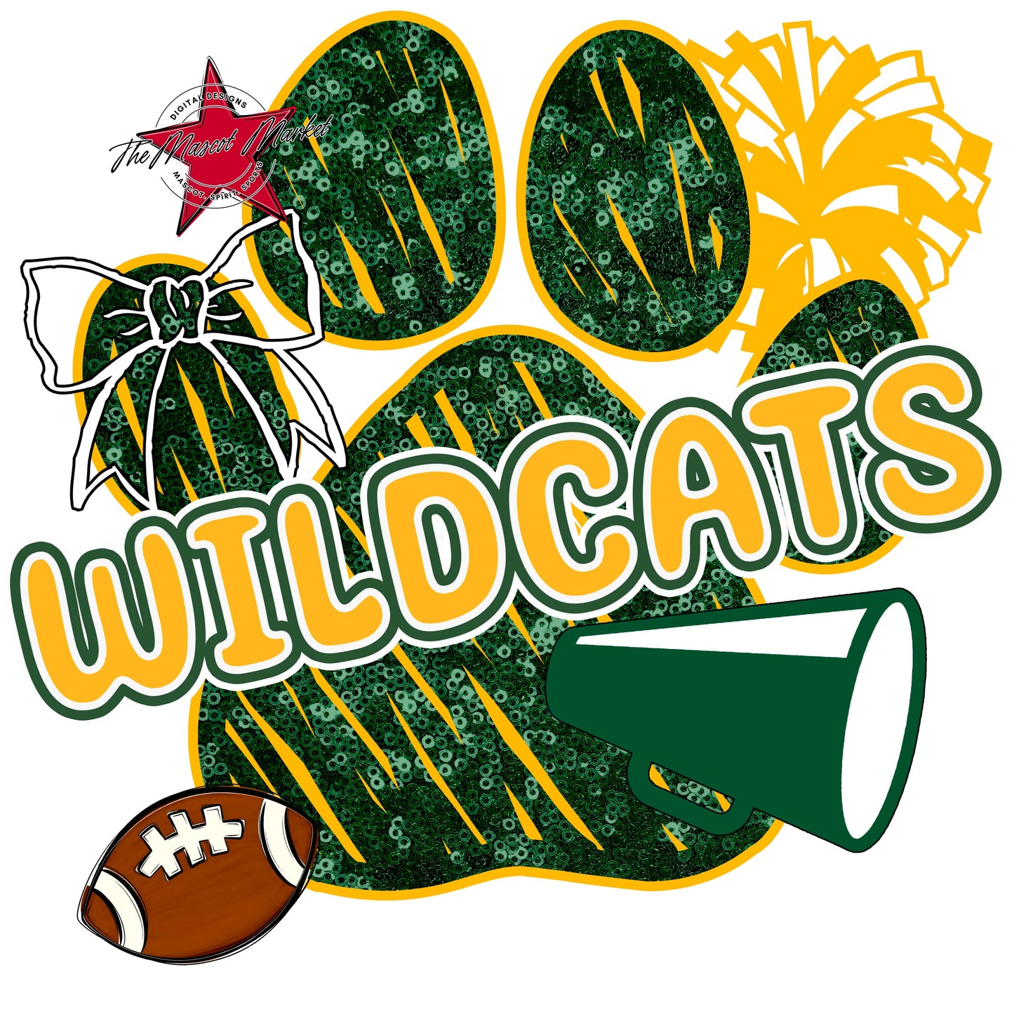 Wildcats Sequins Paw Print Design-Green & Yellow