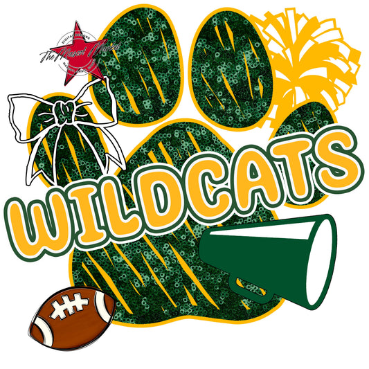 Wildcats Sequins Paw Print Design-Green & Yellow