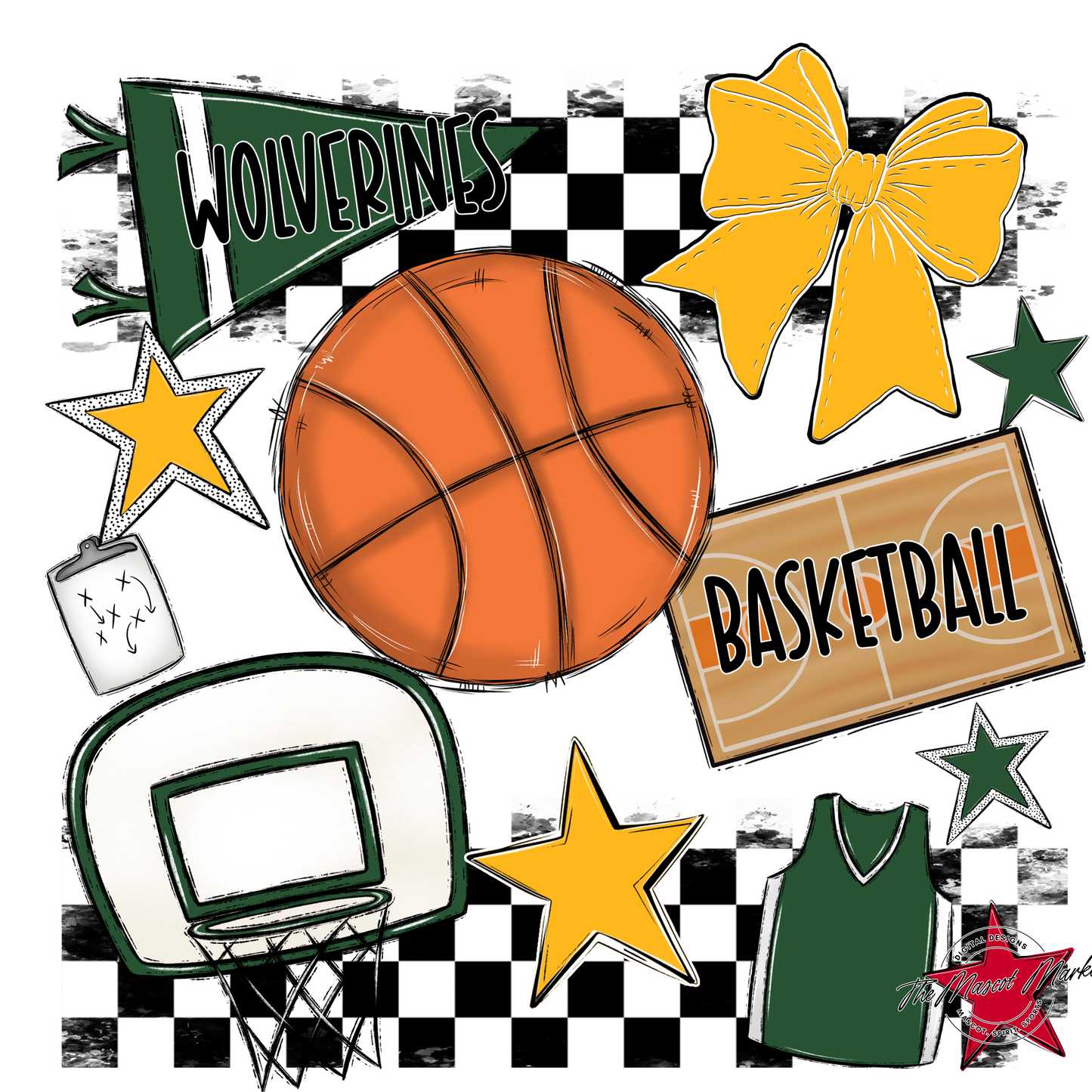 Wolverines Checkers Basketball Spirit Design-Green-Yellow
