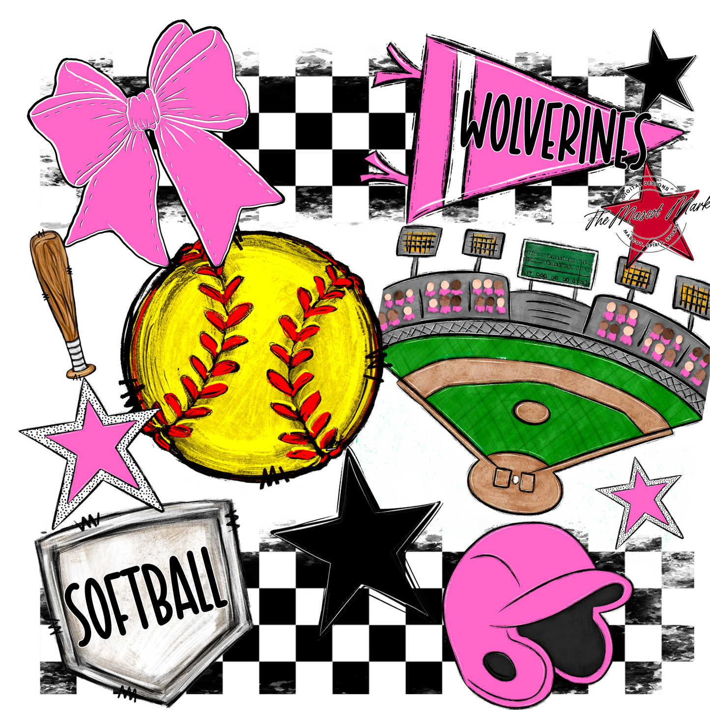 Wolverines Checkers Softball Spirit Design-Baby Pink