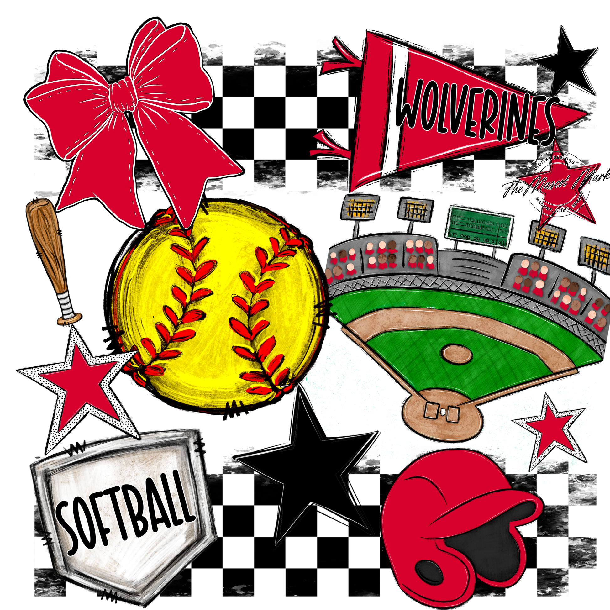 Wolverines Checkers Softball Spirit Design-Red