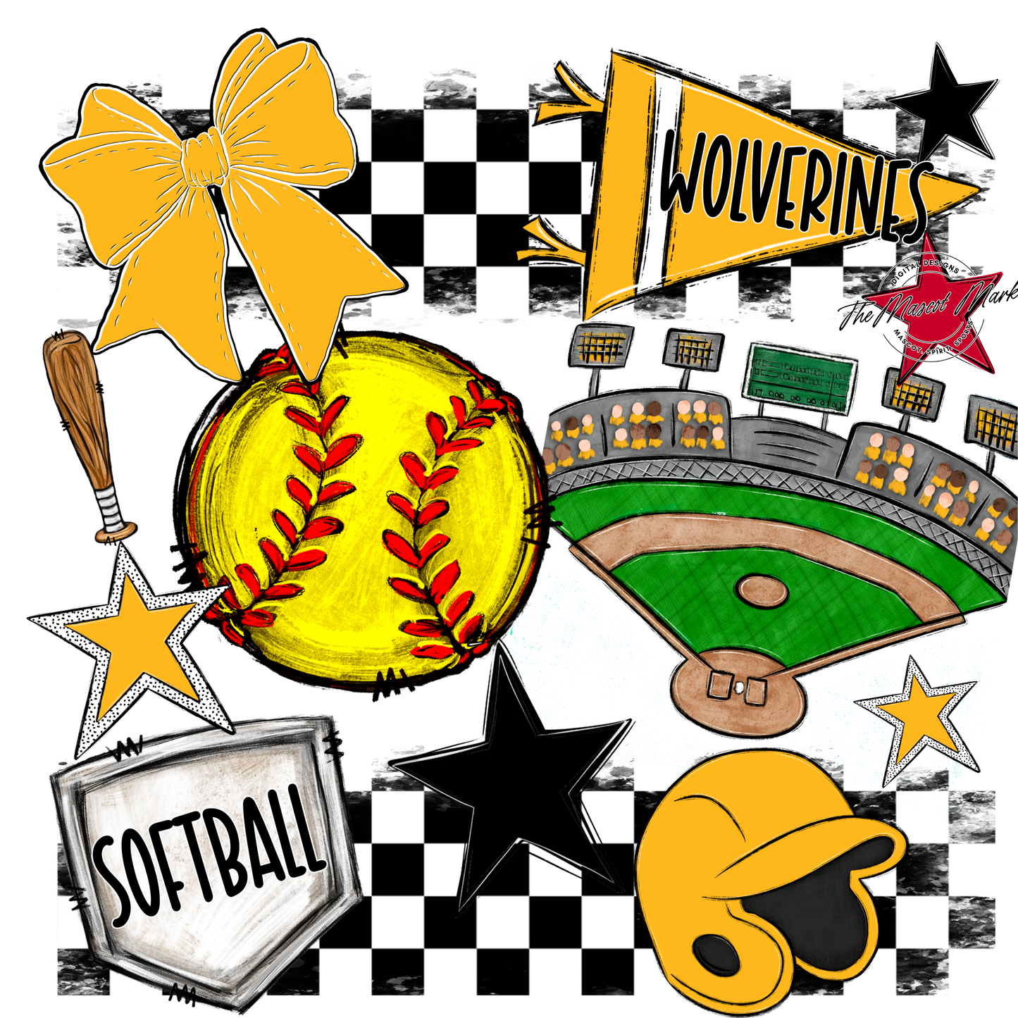 Wolverines Checkers Softball Spirit Design-Yellow
