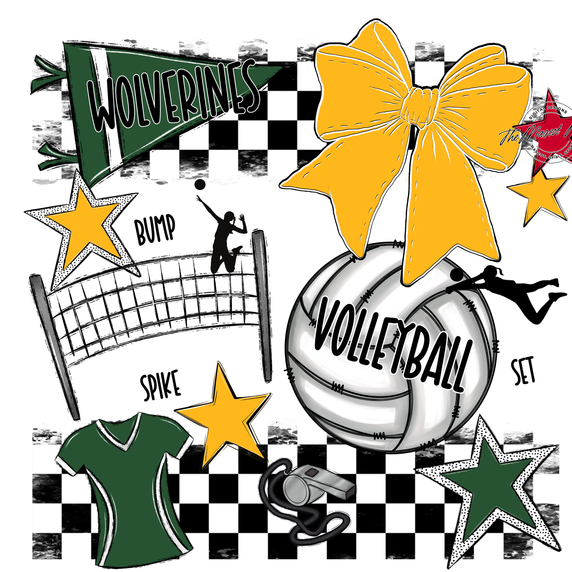 Wolverines Checkers Volleyball Spirit Design-Green-Yellow