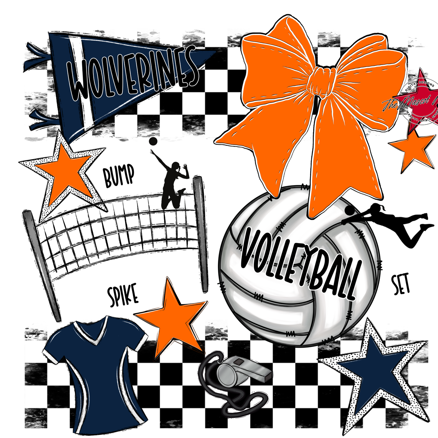 Wolverines Checkers Volleyball Spirit Design-Navy-Orange