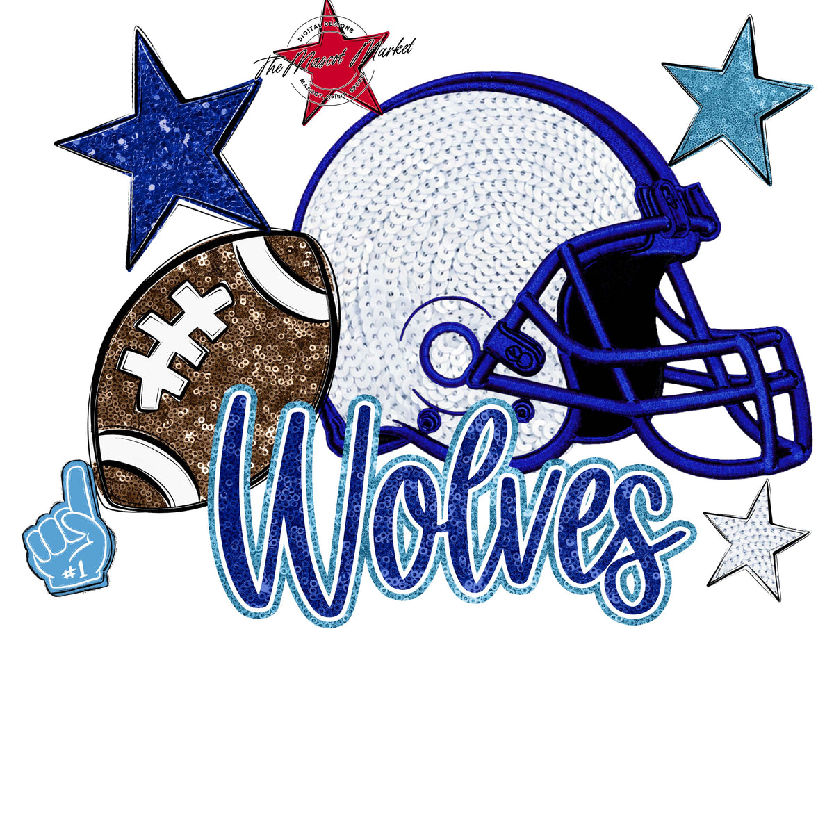 Wolves Football Embroidered Sequins Design-Blue & Carolina Blue