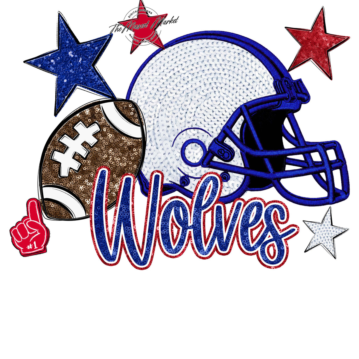 Wolves Football Embroidered Sequins Design-Blue & Red