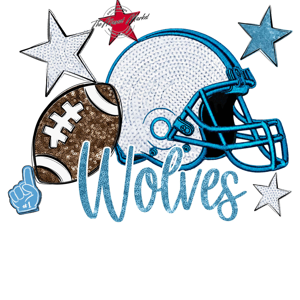 Wolves Football Embroidered Sequins Design-Carolina Blue
