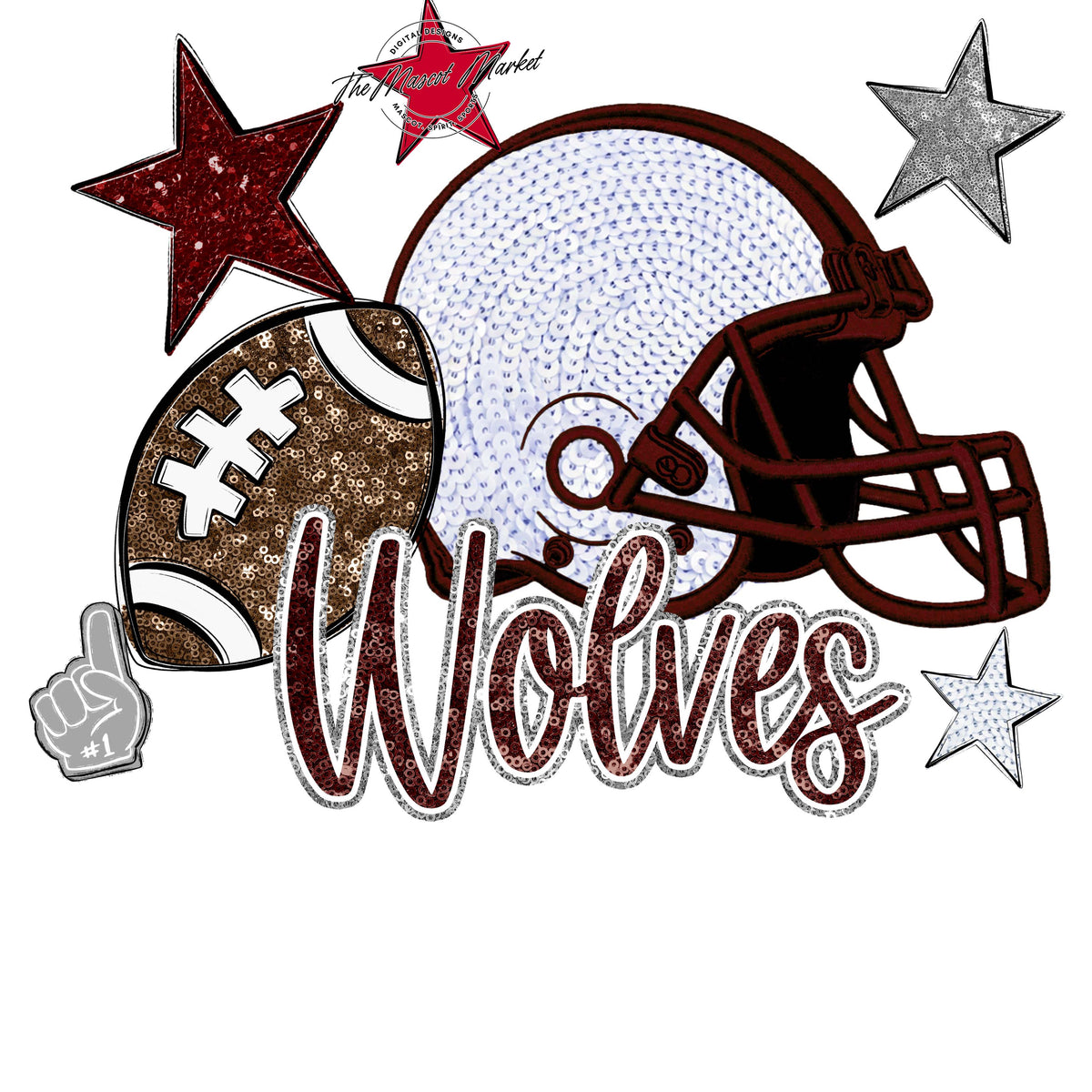 Wolves Football Embroidered Sequins Design-Maroon & Grey