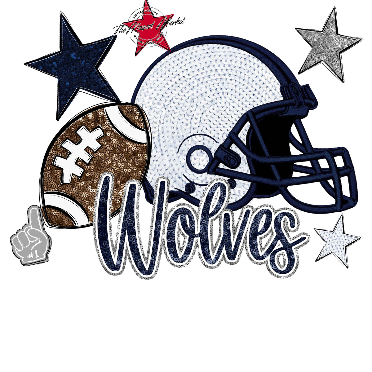 Wolves Football Embroidered Sequins Design-Navy & Grey