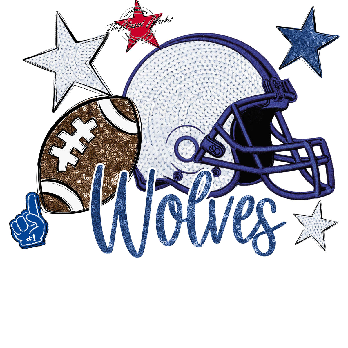 Wolves Football Embroidered Sequins Design-Off Blue