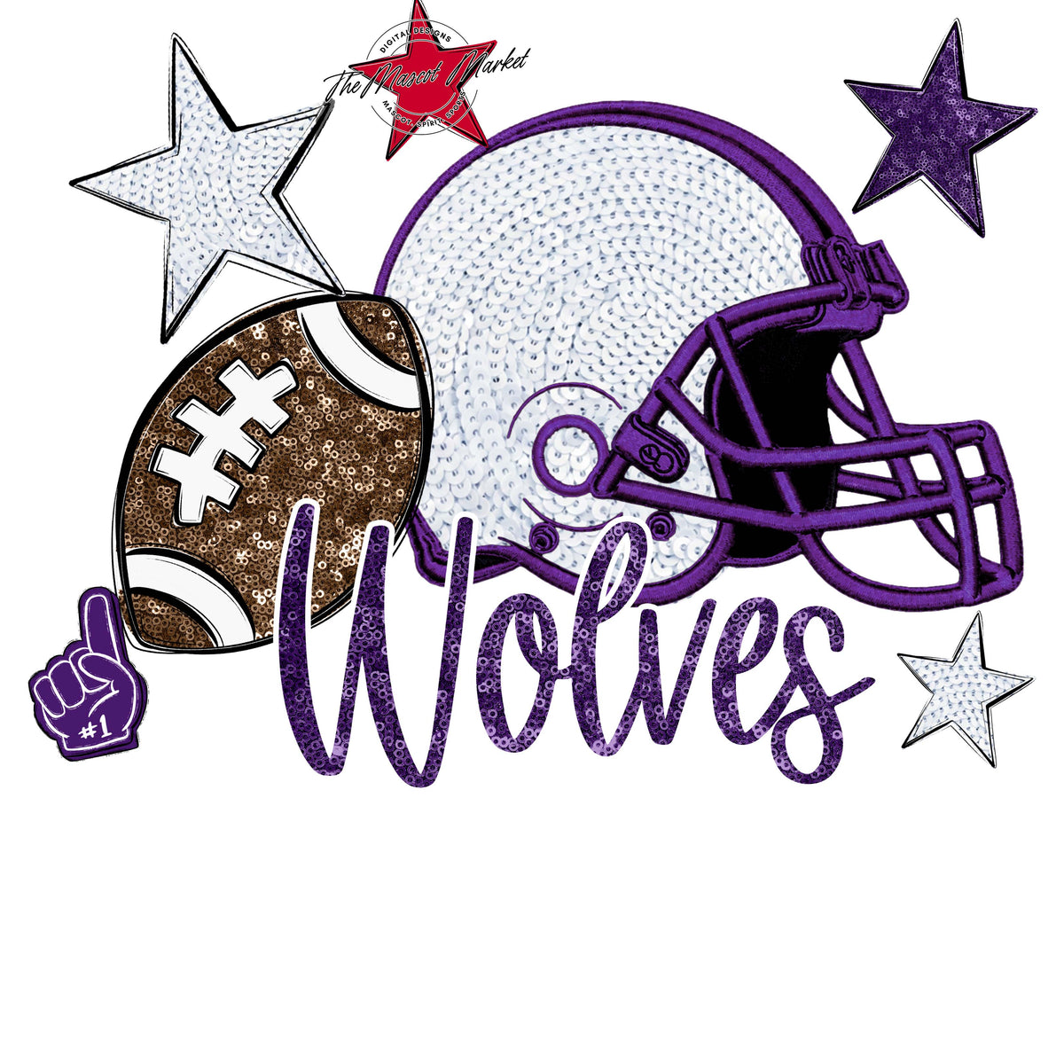 Wolves Football Embroidered Sequins Design-Purple