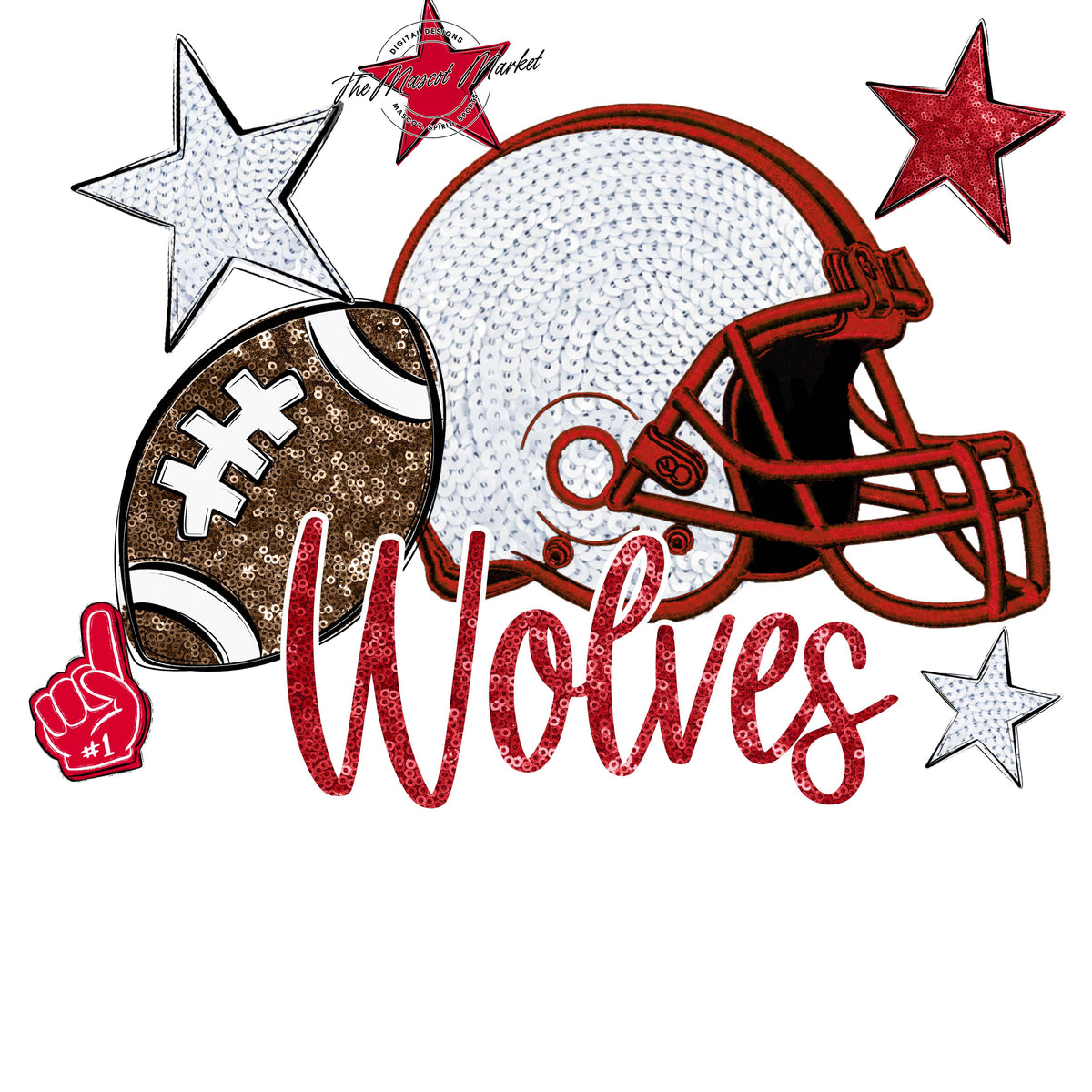 Wolves Football Embroidered Sequins Design-Red