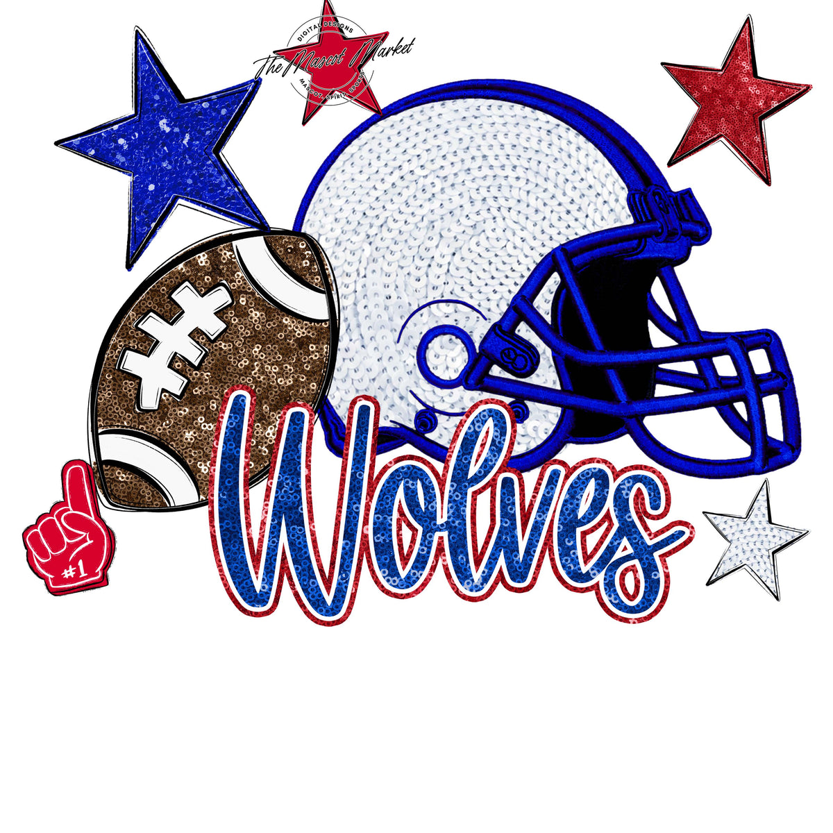 Wolves Football Embroidered Sequins Design-Royal Blue & Red