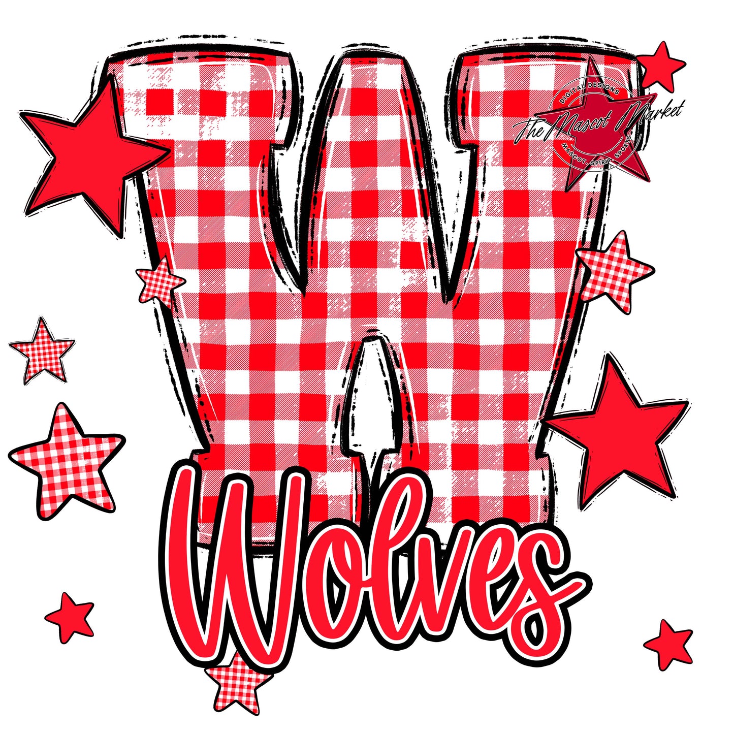 Wolves Plaid Star Design-Bright Red