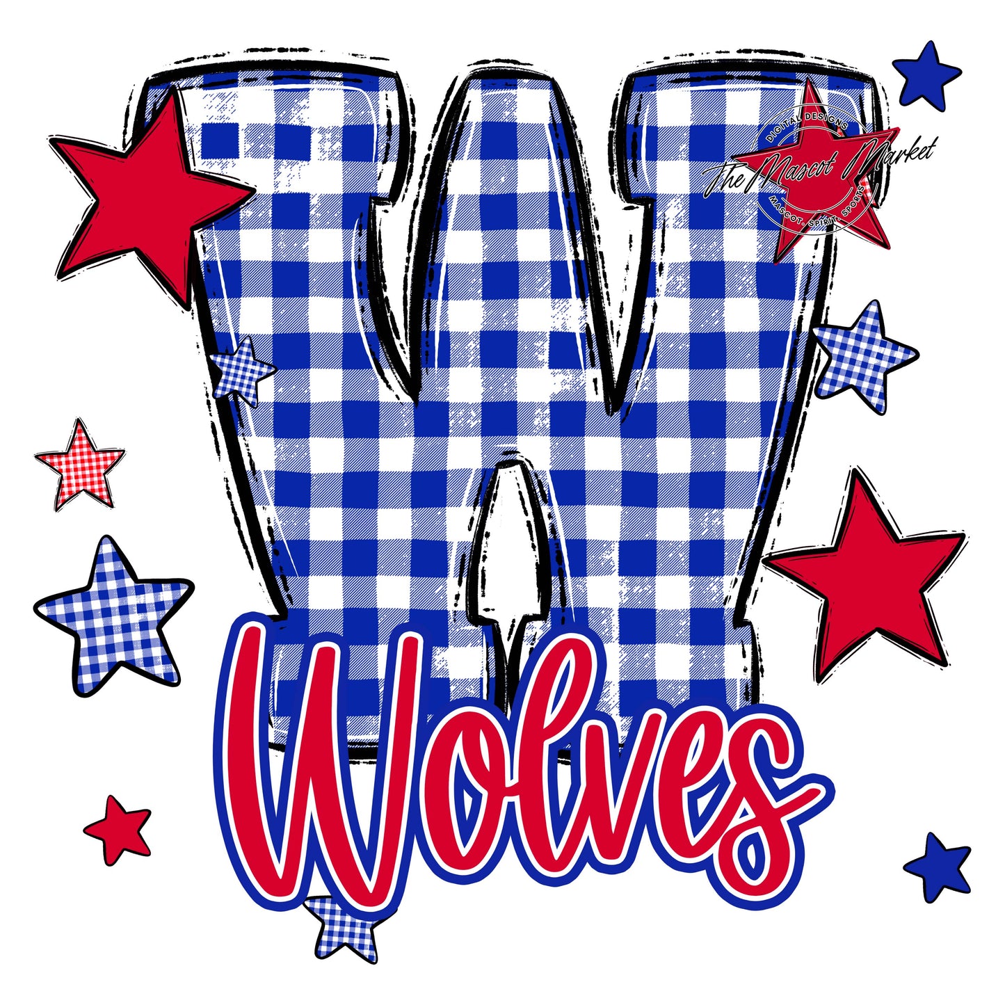 Wolves Plaid Star Design-Royal Blue & Red