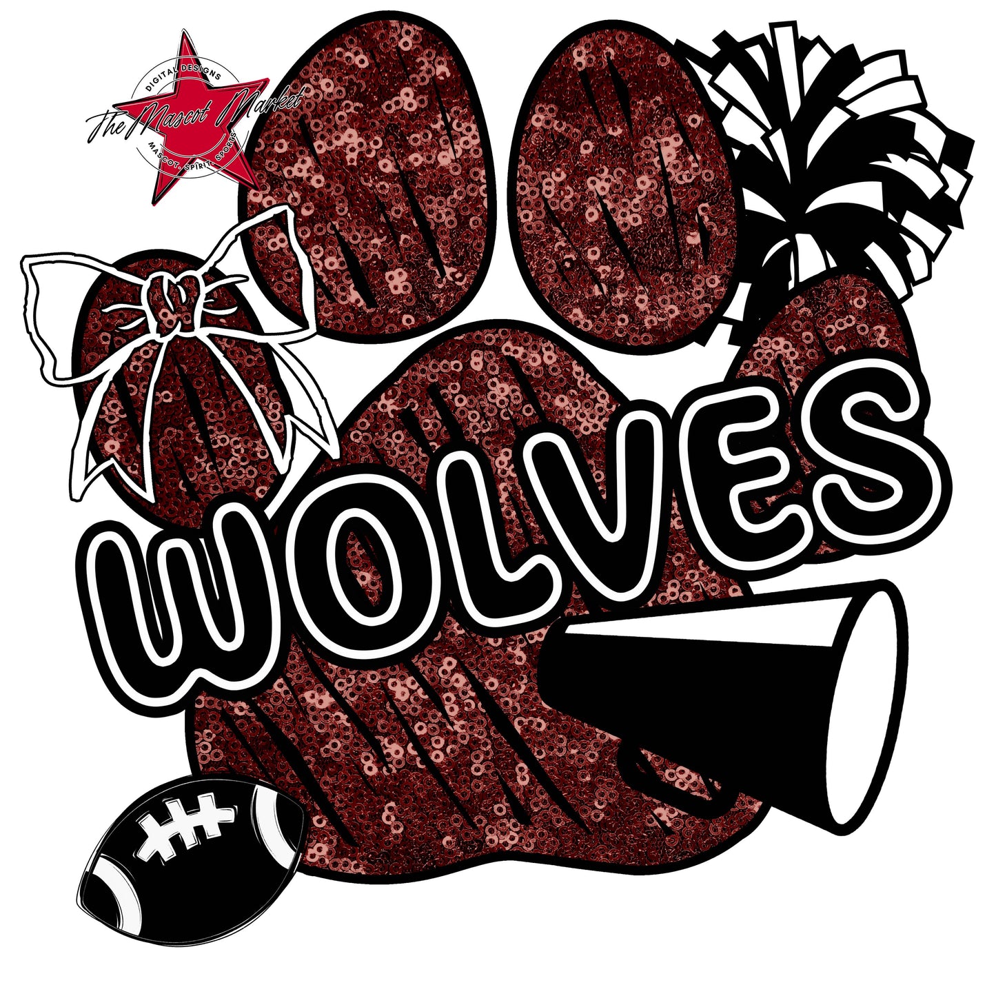 Wolves Sequins Paw Print Design-Maroon
