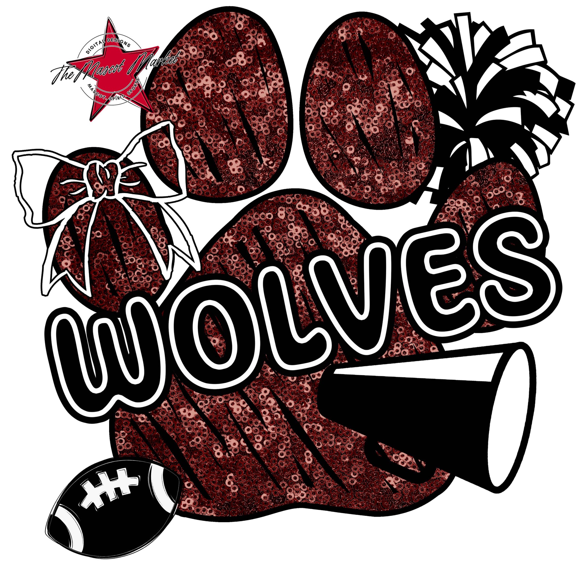 Wolves Sequins Paw Print Design-Maroon