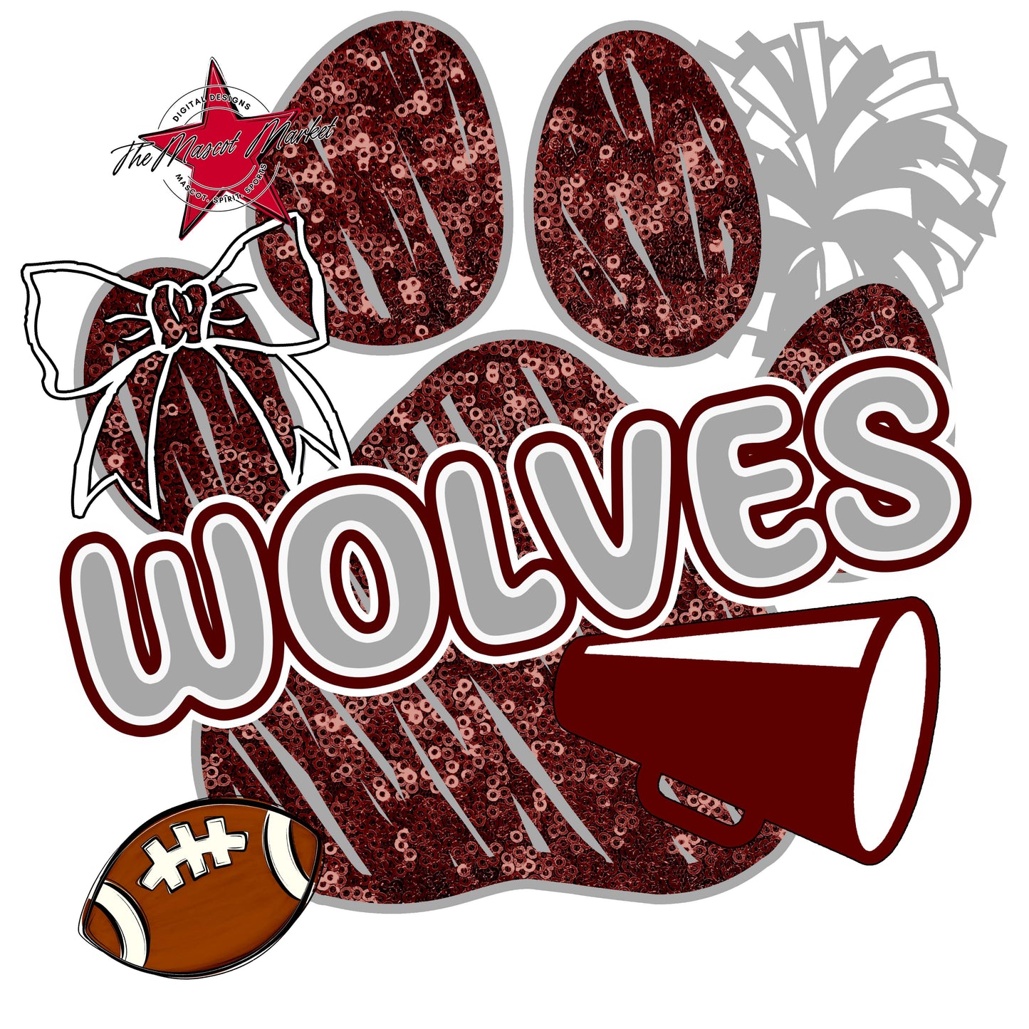 Wolves Sequins Paw Print Design-Maroon & Grey