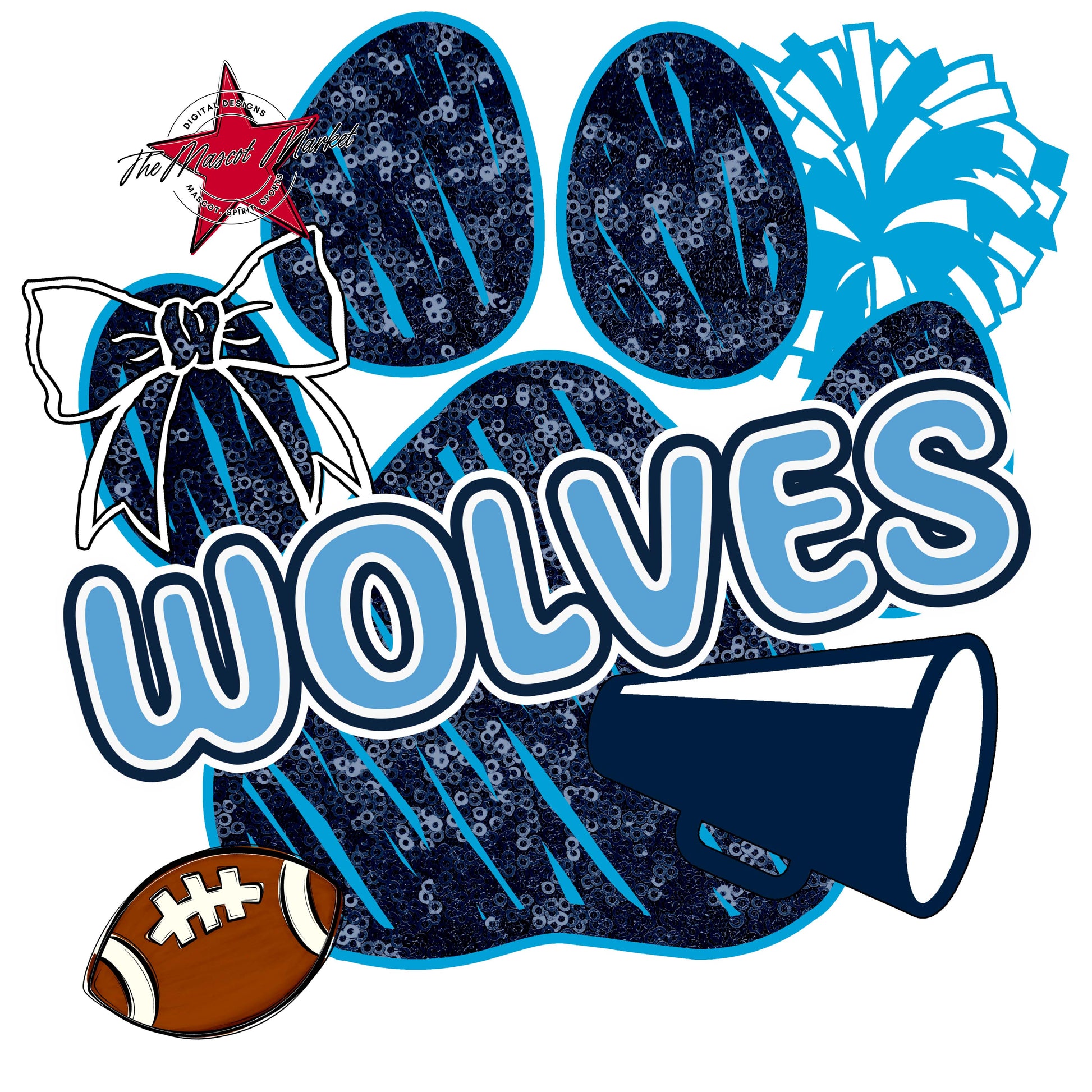 Wolves Sequins Paw Print Design-Navy & Carolina Blue