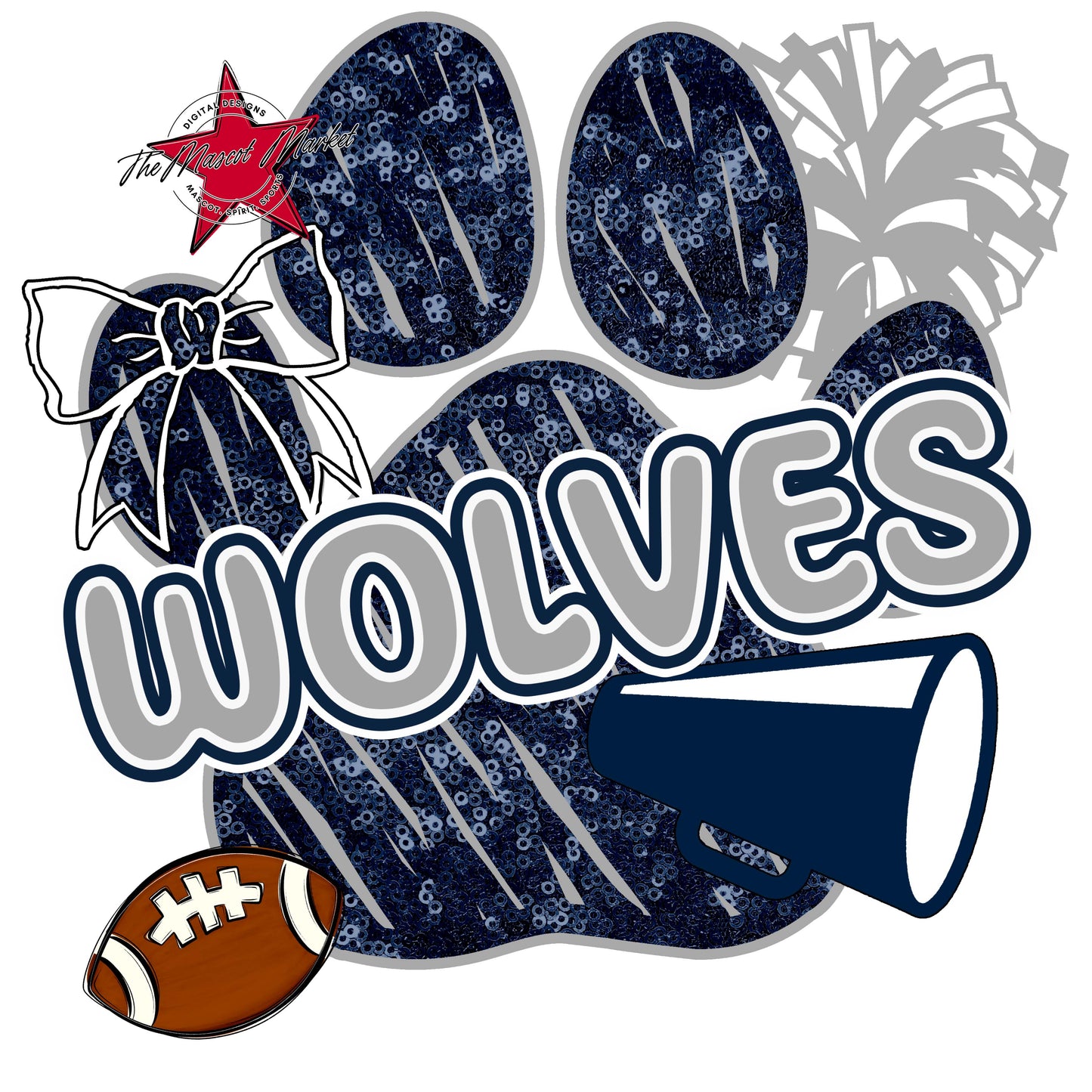 Wolves Sequins Paw Print Design-Navy & Grey