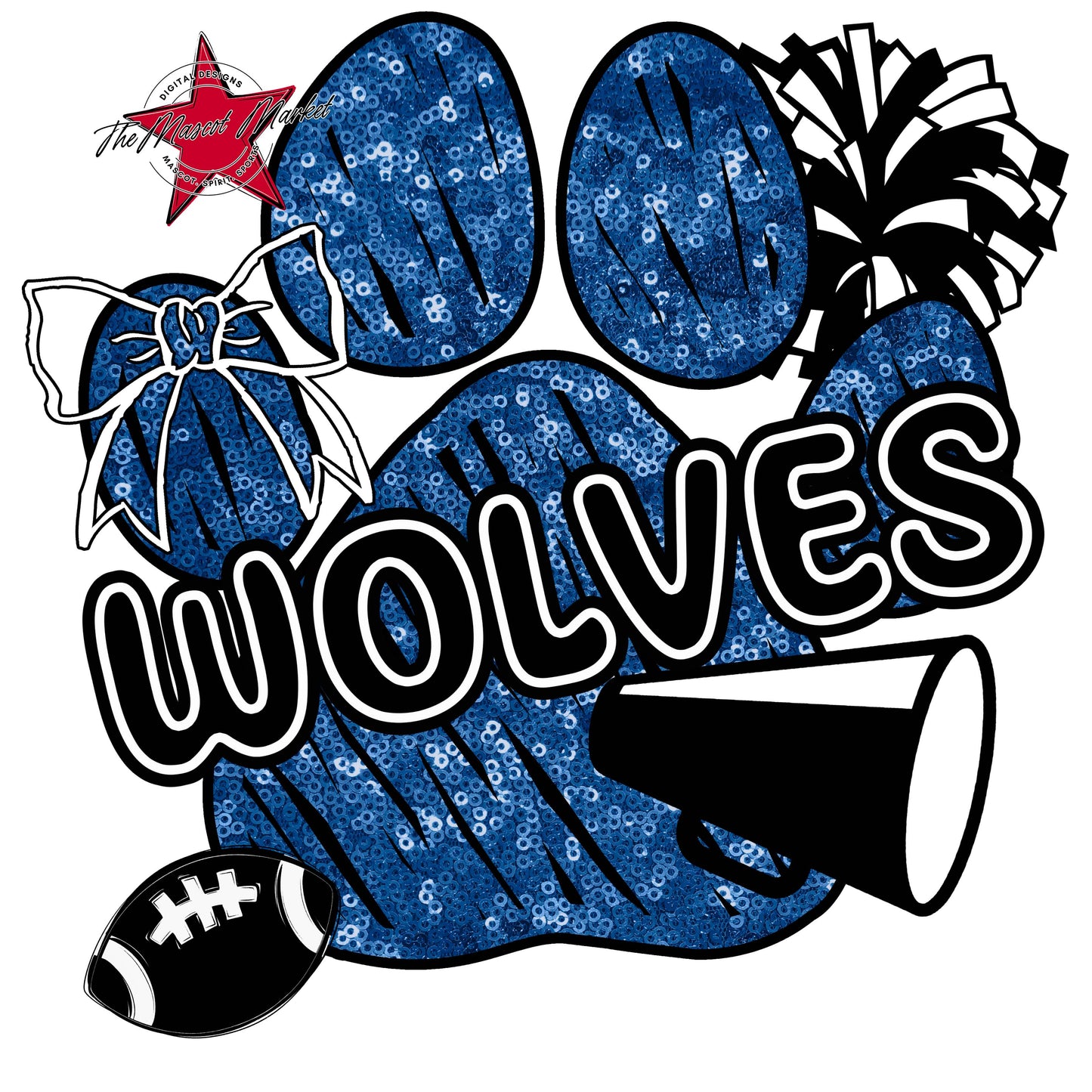 Wolves Sequins Paw Print Design-Off Blue