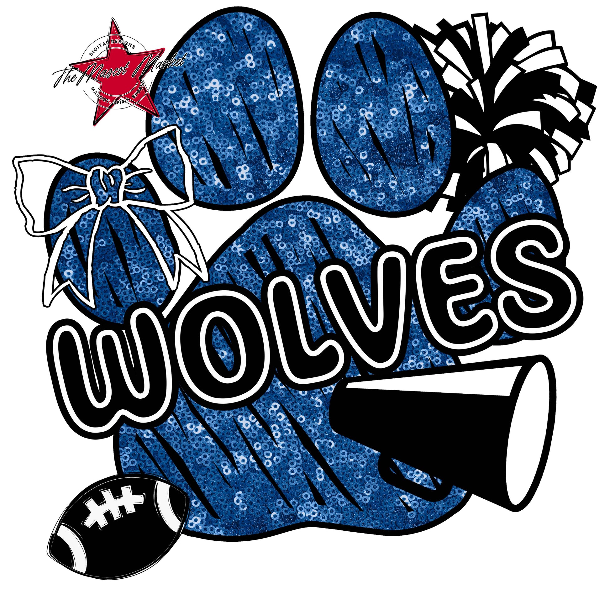 Wolves Sequins Paw Print Design-Off Blue