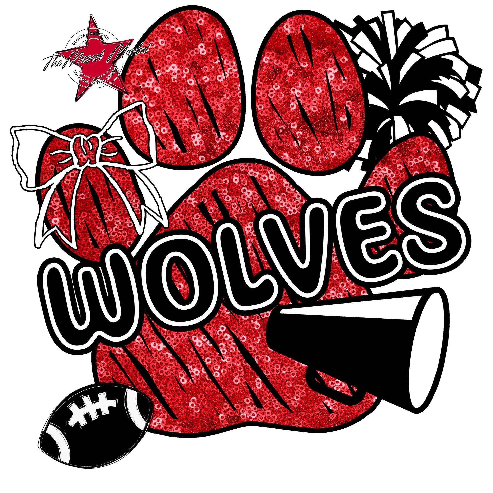 Wolves Sequins Paw Print Design-Red