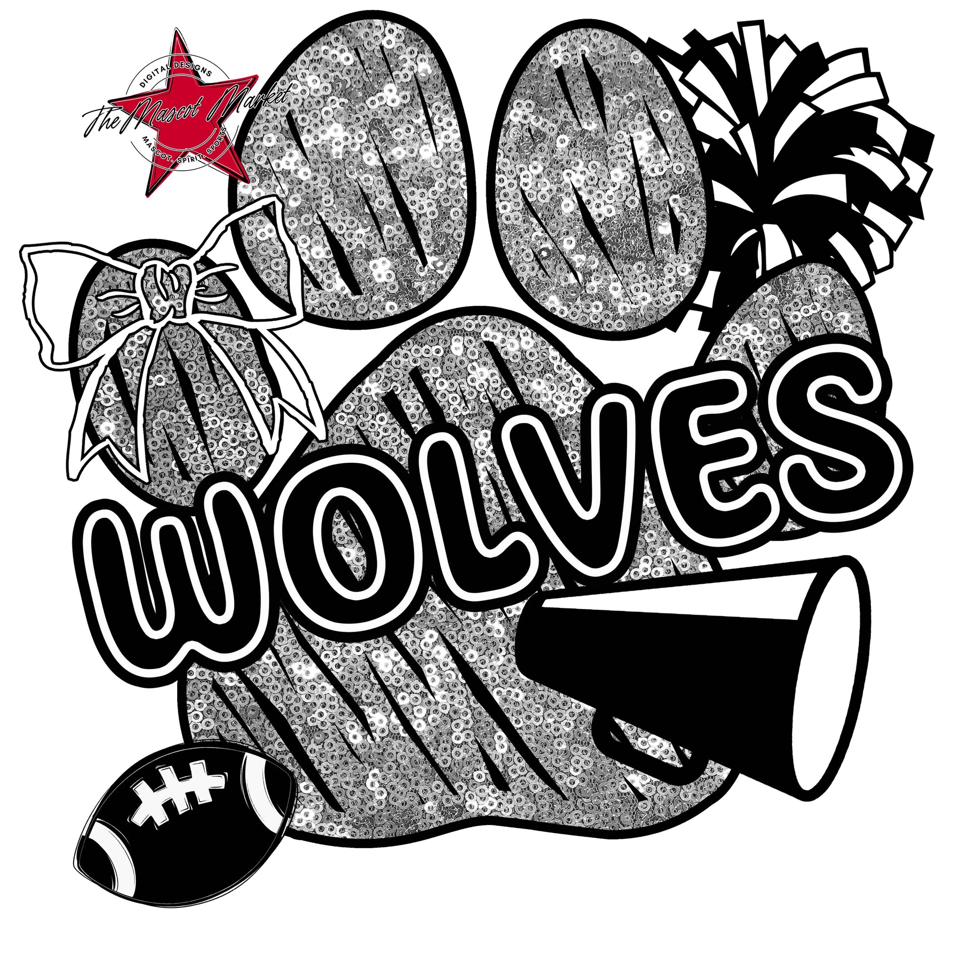 Wolves Sequins Paw Print Design-Silver