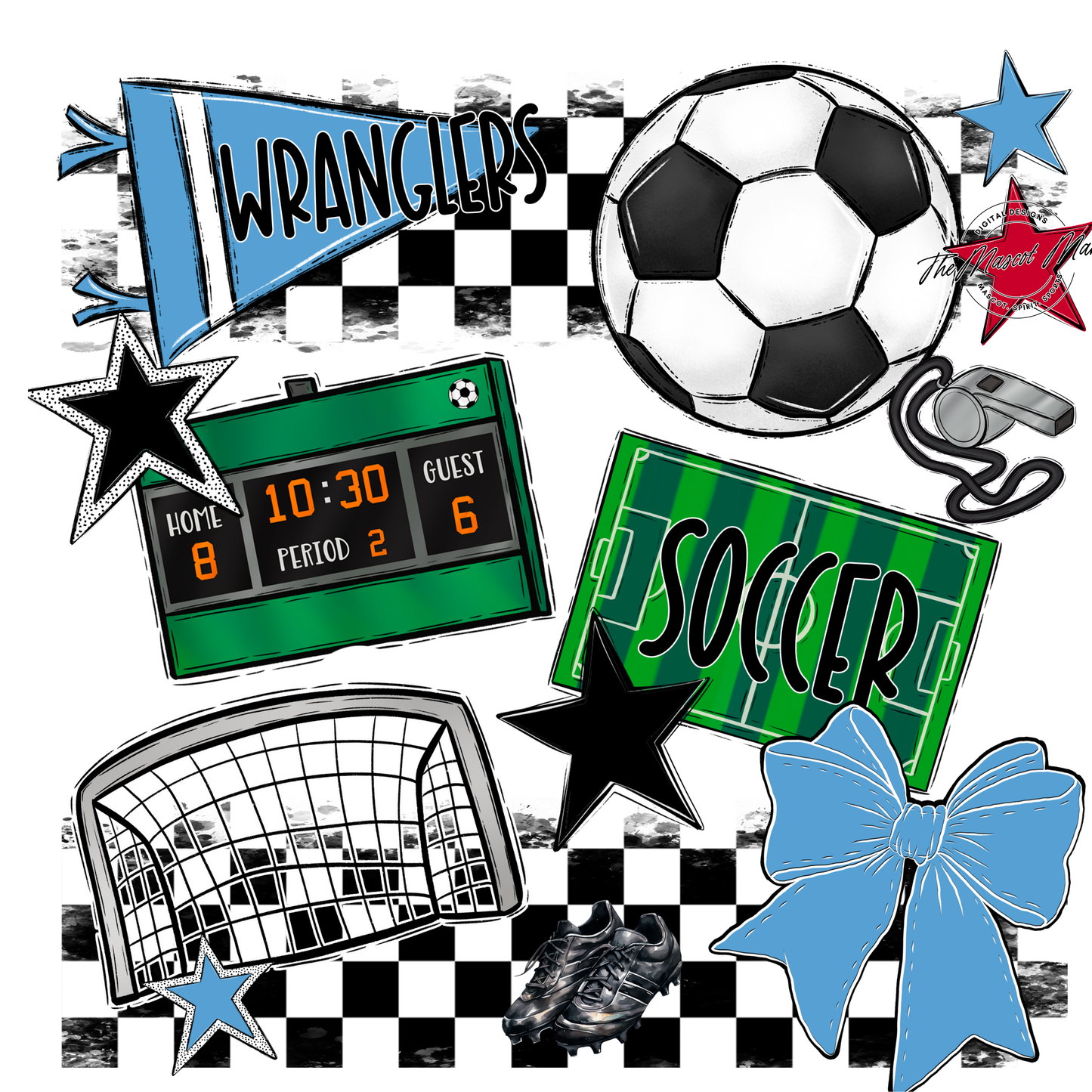 Wranglers Checkers Soccer Spirit Design-Carolina Blue