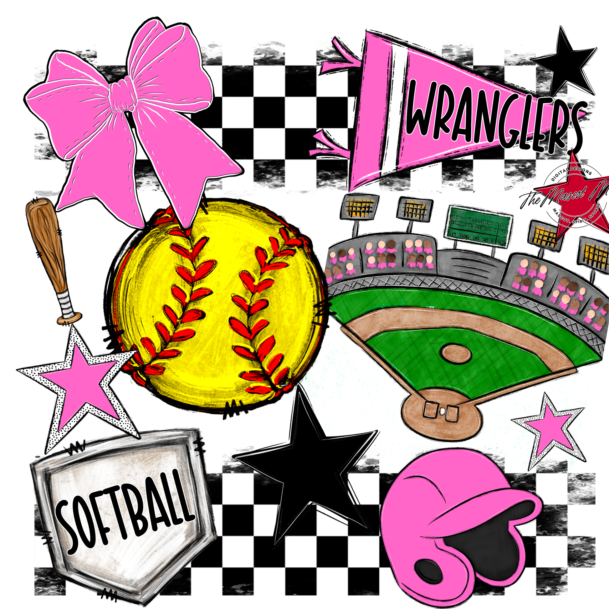 Wranglers Checkers Softball Spirit Design-Baby Pink