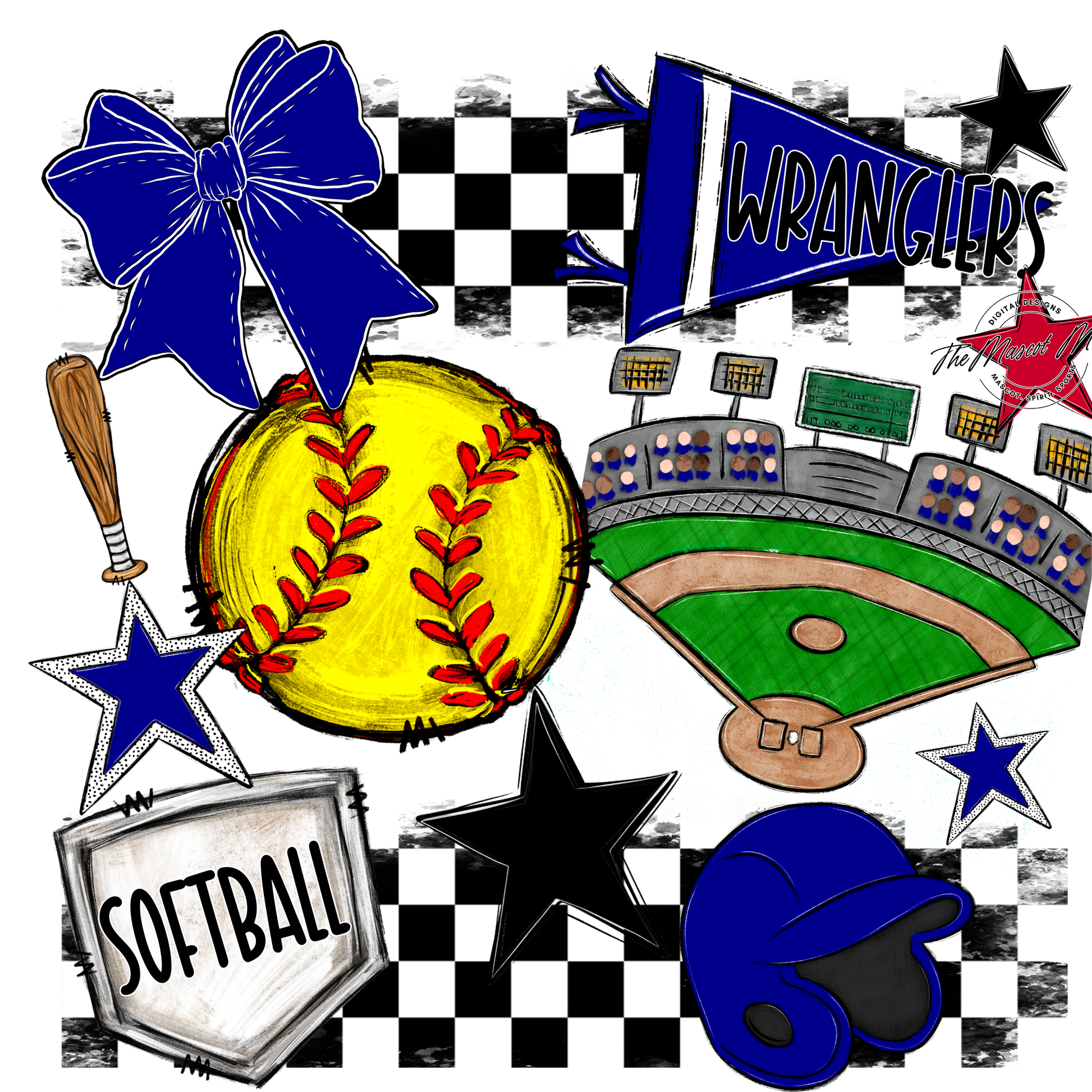 Wranglers Checkers Softball Spirit Design-Blue