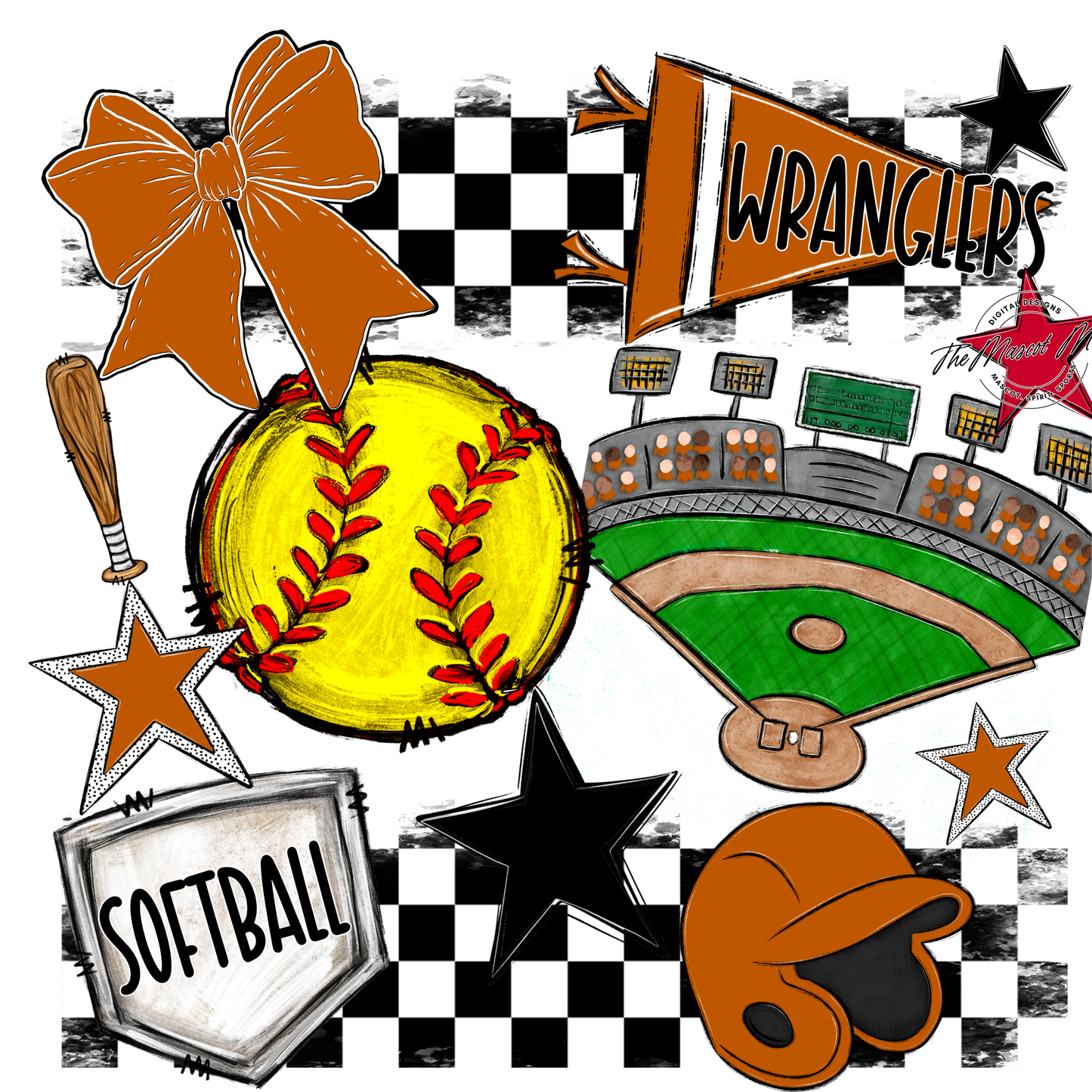Wranglers Checkers Softball Spirit Design-Burnt Orange